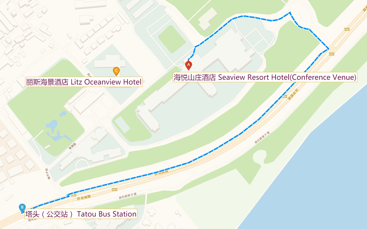 route from the bus station to the conference venue